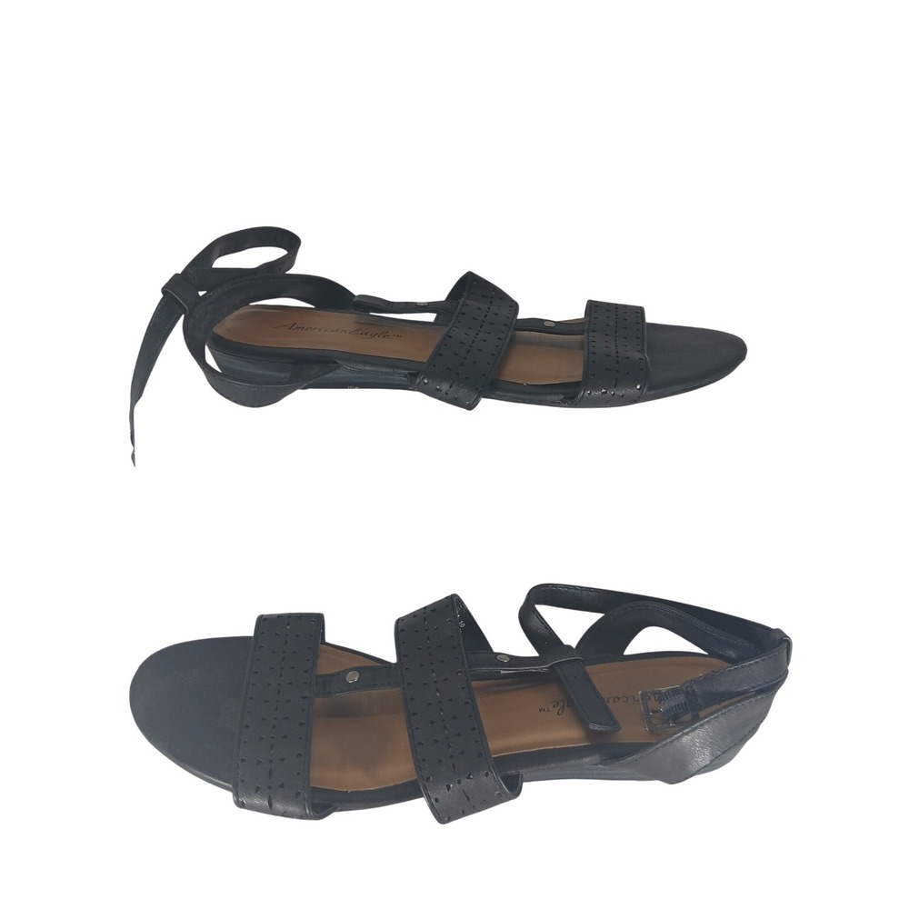 American Eagle Flat Sandals 10 Black Laser Cut Strappy Gladiator Boho Casual